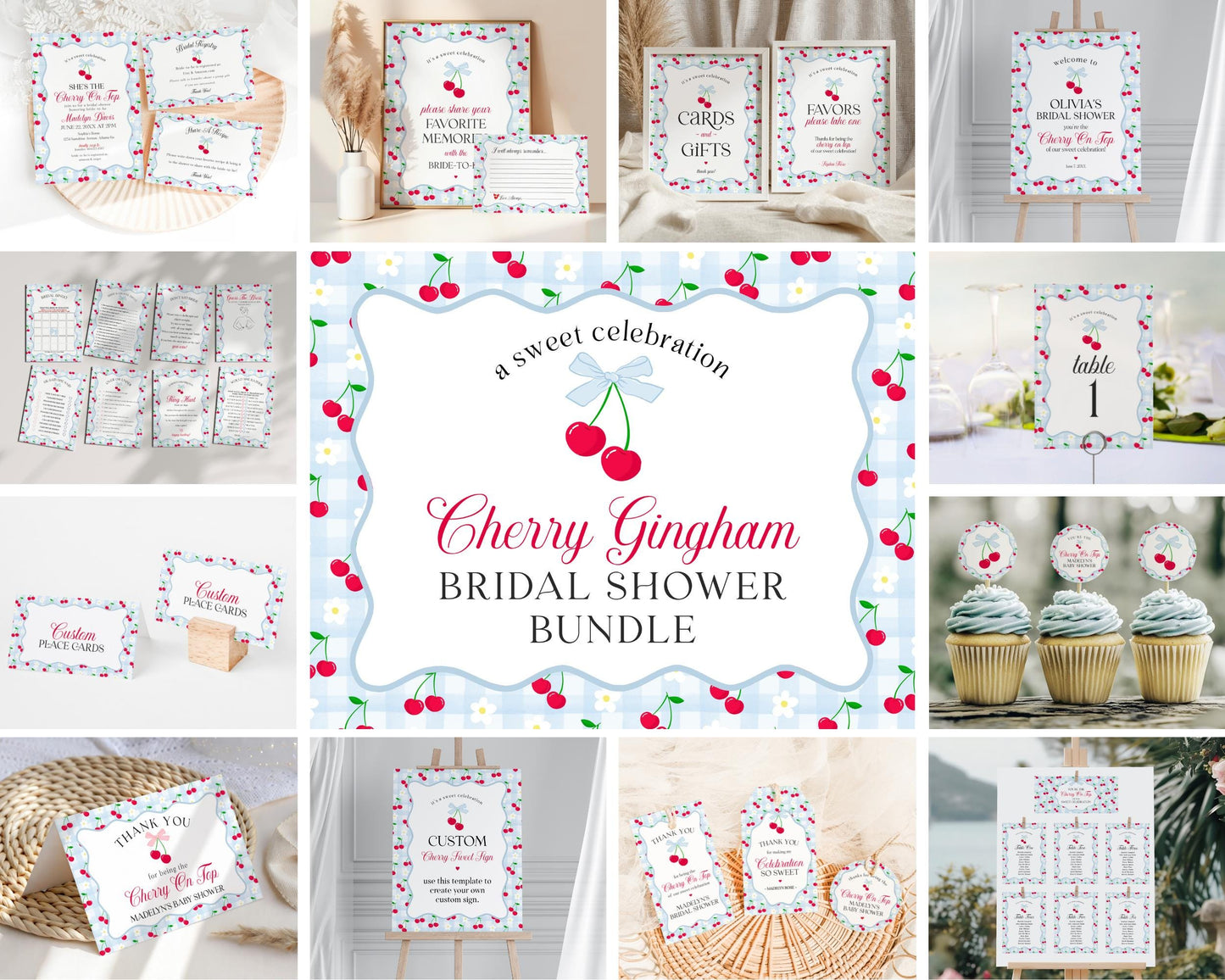 Blue Cherry Gingham Bridal Shower Bundle Printable Template, Coquette Cherry Sweet Bridal Brunch, Pastel Engagement Party Decor WP1072