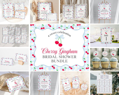 Blue Cherry Gingham Bridal Shower Bundle Printable Template, Coquette Cherry Sweet Bridal Brunch, Pastel Engagement Party Decor WP1072