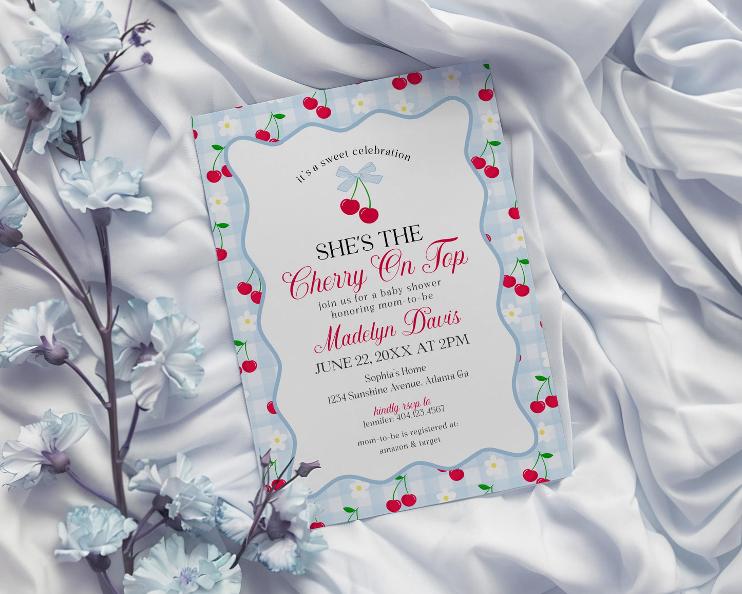 Blue Cherry Gingham Baby Shower Invitation Printable Template, Coquette Sweet Cherry on Top Baby Sprinkle, Pastel Nesting Party Decor WP1072