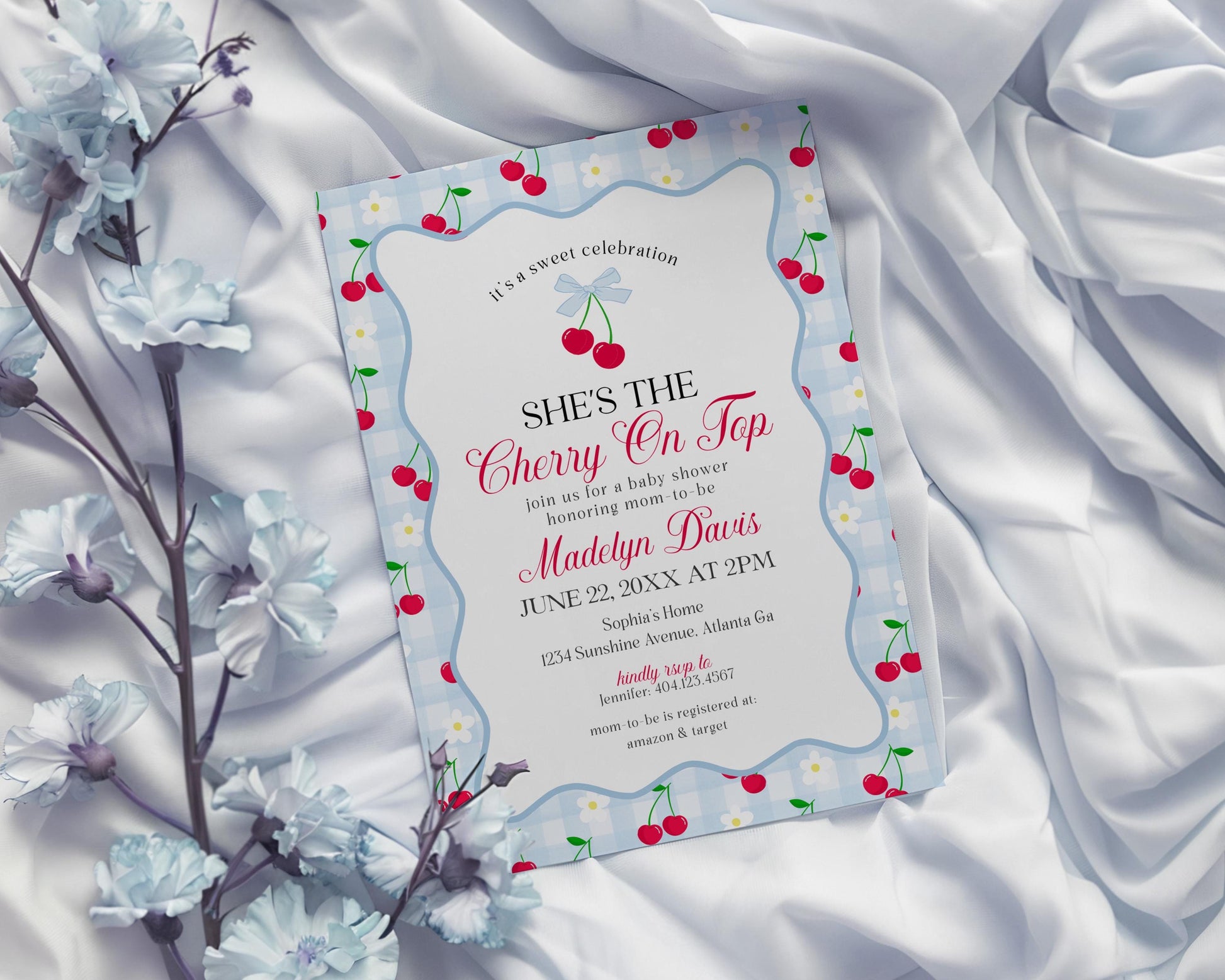 Blue Cherry Gingham Baby Shower Invitation Printable Template, Coquette Sweet Cherry on Top Baby Sprinkle, Pastel Nesting Party Decor WP1072