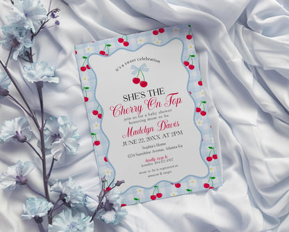 Blue Cherry Gingham Baby Shower Invitation Printable Template, Coquette Sweet Cherry on Top Baby Sprinkle, Pastel Nesting Party Decor WP1072