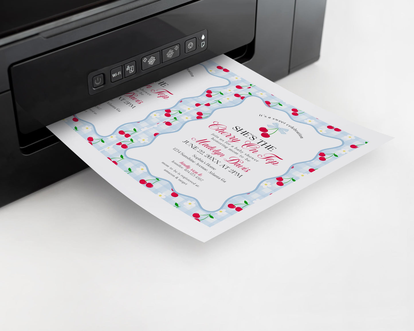 Blue Cherry Gingham Baby Shower Invitation Printable Template, Coquette Sweet Cherry on Top Baby Sprinkle, Pastel Nesting Party Decor WP1072