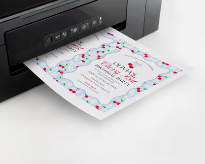 Blue Cherry Gingham 1st Birthday Invite Printable Template, Coquette Sweet Cherry First Bday Celebration, Pastel Gingham Party Decor WP1072