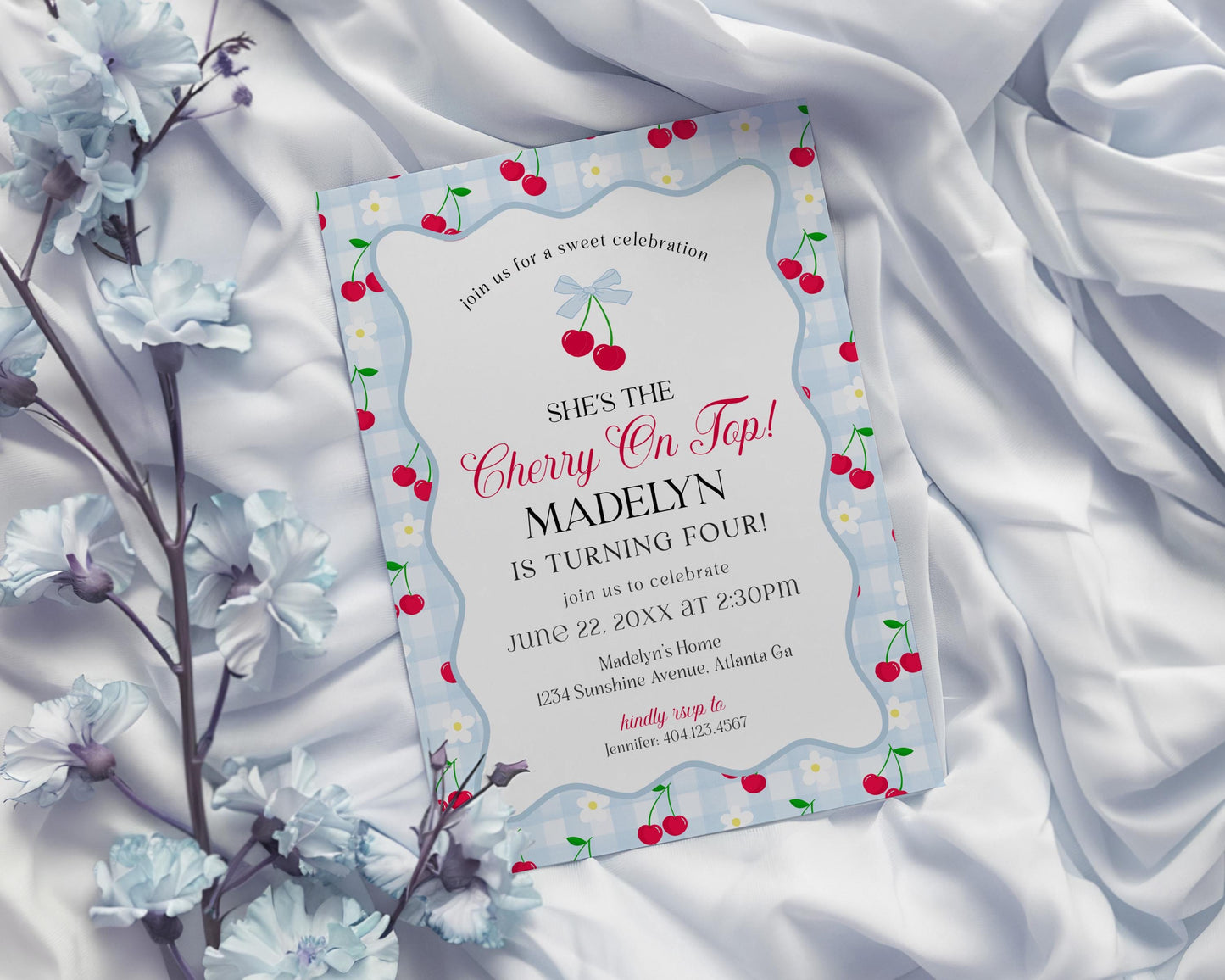 Blue Cherry Gingham Birthday Invite Printable Template, Coquette Sweet Cherry Bday Celebration, Pastel Gingham Party Decor WP1072