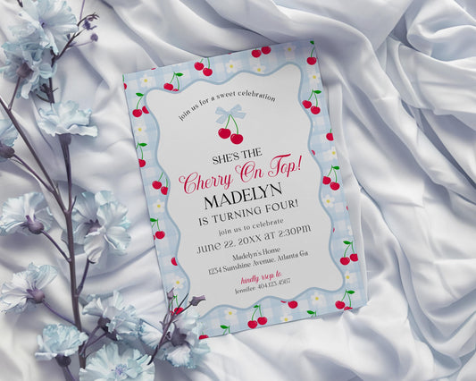 Blue Cherry Gingham Birthday Invite Printable Template, Coquette Sweet Cherry Bday Celebration, Pastel Gingham Party Decor WP1072