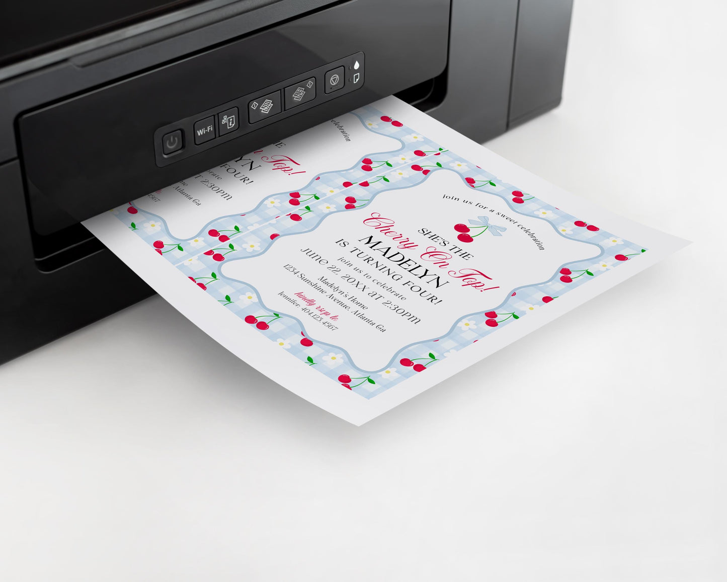 Blue Cherry Gingham Birthday Invite Printable Template, Coquette Sweet Cherry Bday Celebration, Pastel Gingham Party Decor WP1072