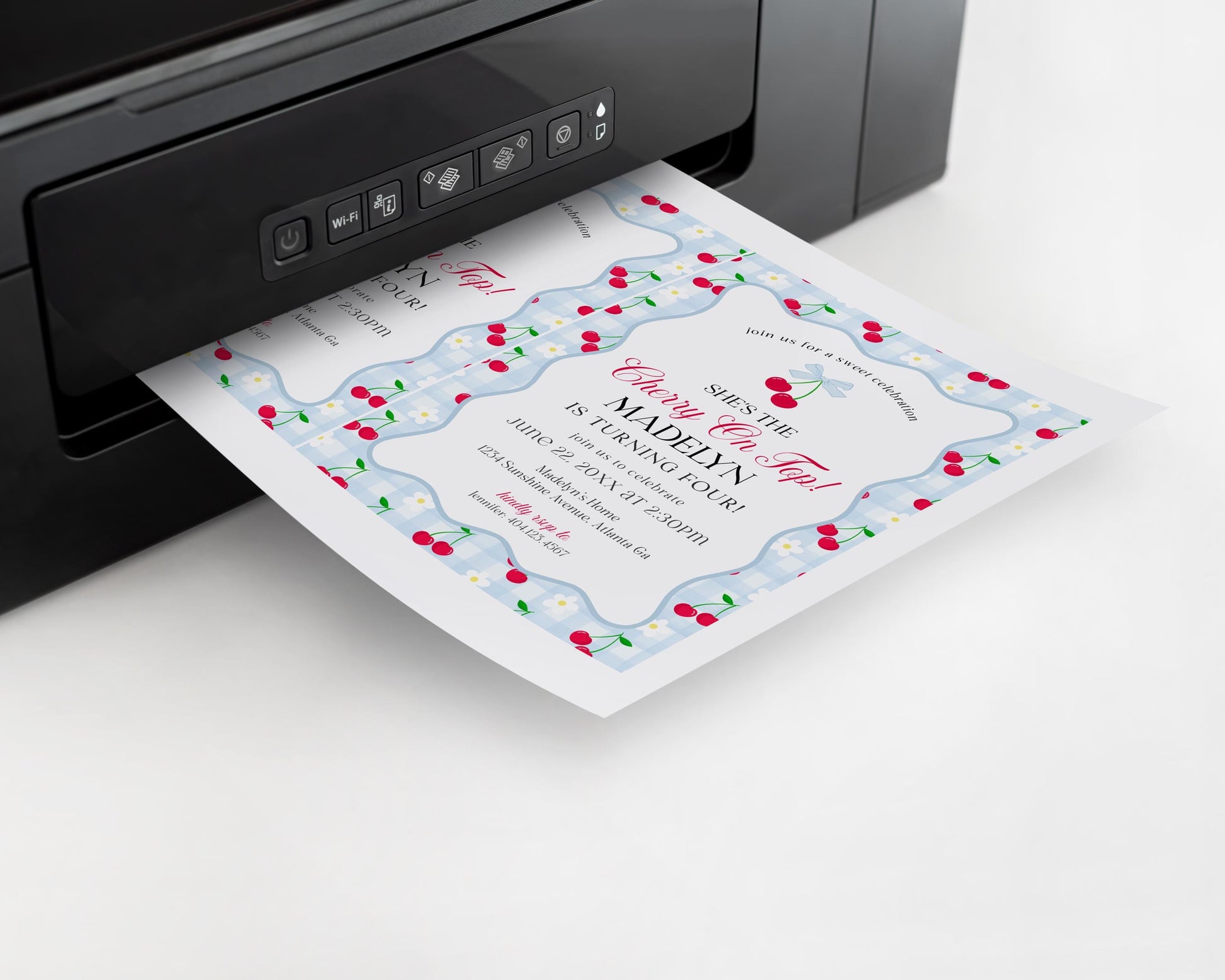 Blue Cherry Gingham Birthday Invite Printable Template, Coquette Sweet Cherry Bday Celebration, Pastel Gingham Party Decor WP1072