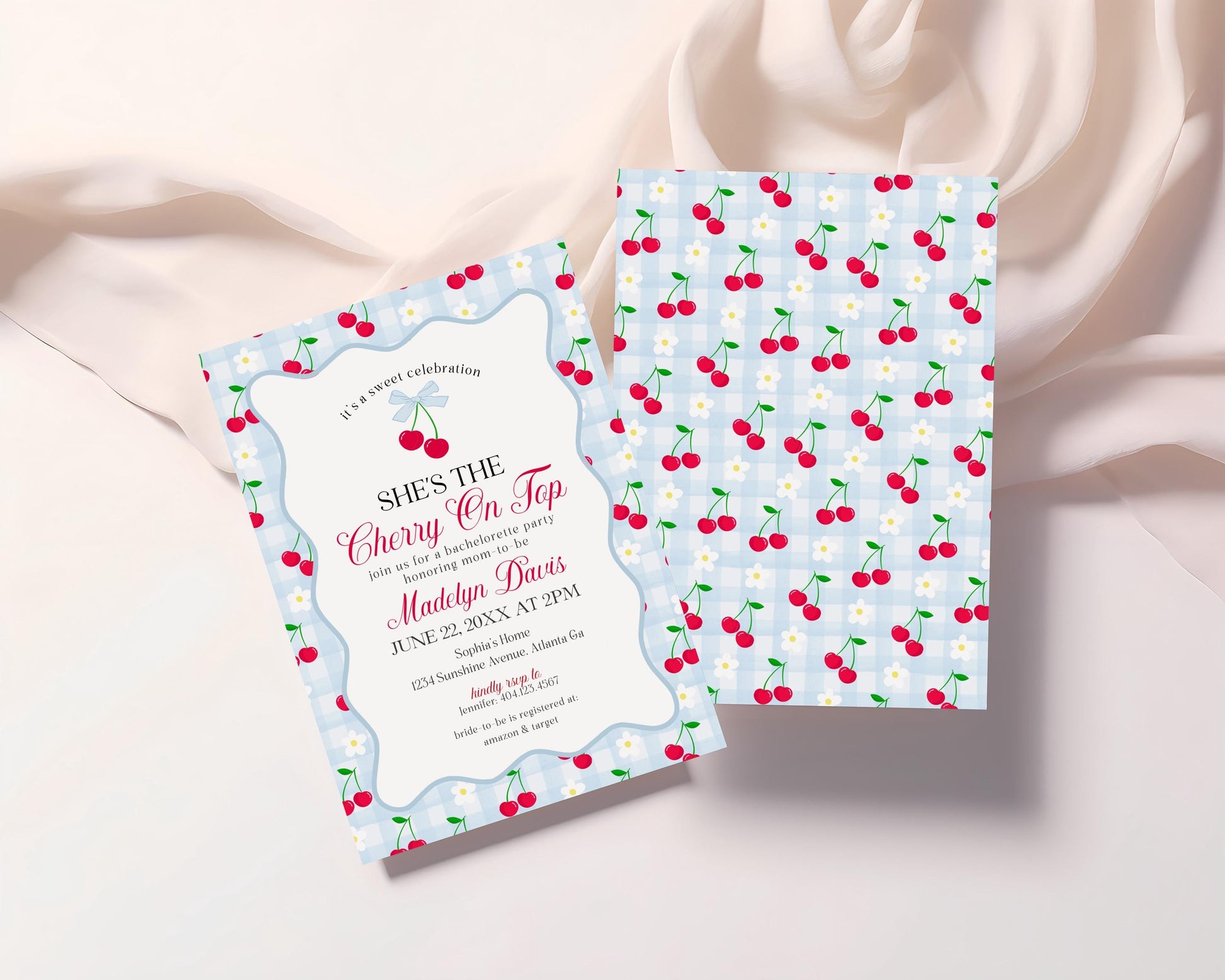 Blue Cherry Gingham Bachelorette Invite Template, Coquette Cherry Sweet Hen Party, Pastel Gingham Engagement Girls Night Decor WP1072