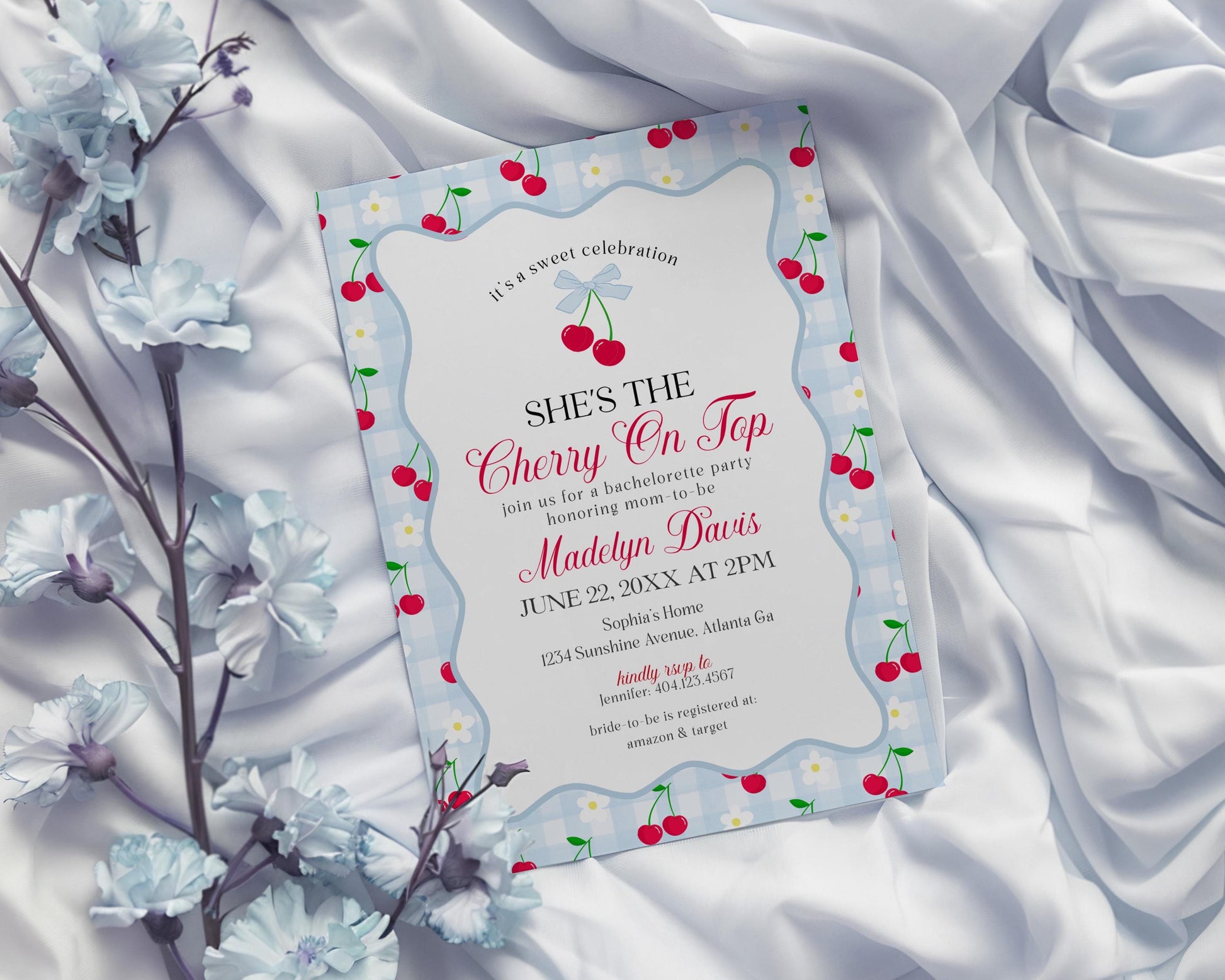 Blue Cherry Gingham Bachelorette Invite Template, Coquette Cherry Sweet Hen Party, Pastel Gingham Engagement Girls Night Decor WP1072