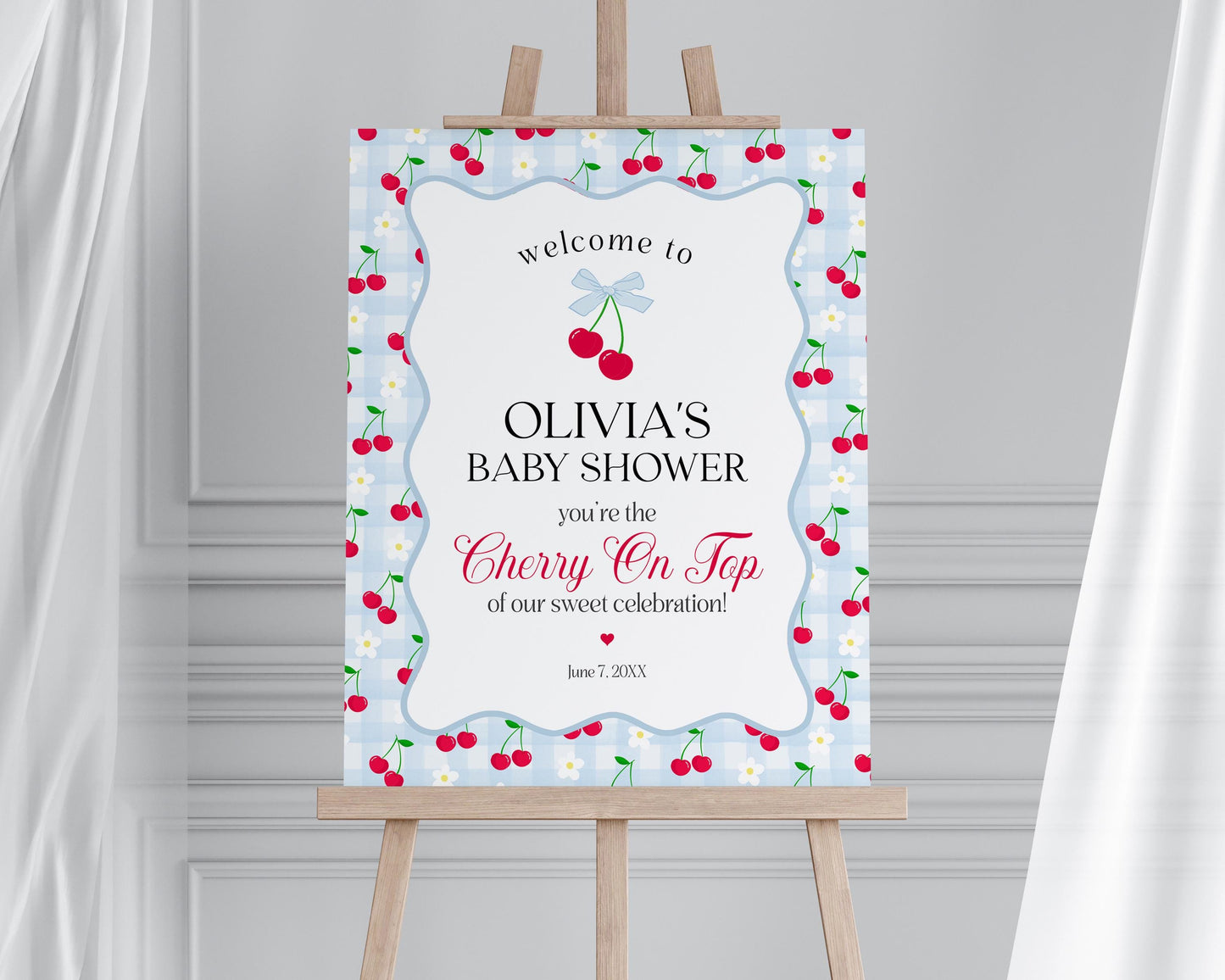 Blue Cherry Gingham Baby Shower Welcome Sign Template, Coquette Sweet Cherry on Top Baby Sprinkle, Pastel Gingham Nesting Party Decor WP1072