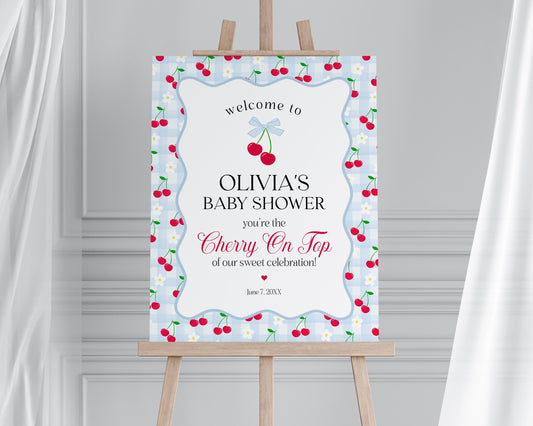 Blue Cherry Gingham Baby Shower Welcome Sign Template, Coquette Sweet Cherry on Top Baby Sprinkle, Pastel Gingham Nesting Party Decor WP1072