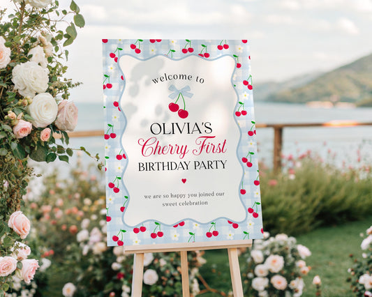 Pink Cherry Gingham 1st Birthday Welcome Sign Template, Coquette Sweet Cherry First Celebration, Pastel Gingham Party Decor WP1072