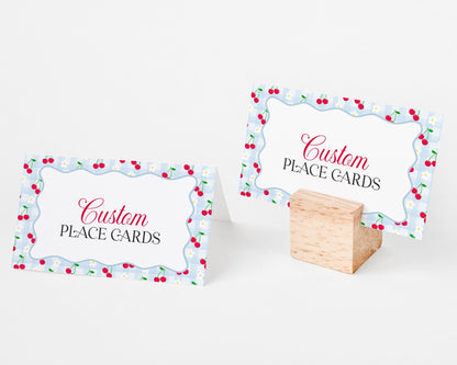 Blue Cherry Gingham Place Cards Template, Coquette Sweet Cherry Baby Shower, Pastel Gingham Bridal Brunch, Girl Birthday Party Decor WP1072