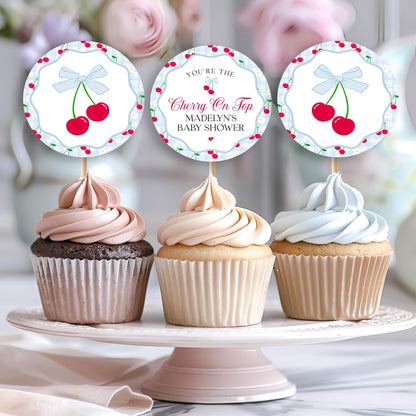 Blue Cherry Gingham Cupcake Toppers Printable, Cherry on Top Baby Shower, Pastel Pink Baby Shower Theme, Tying the Knot Bridal Shower WP1072