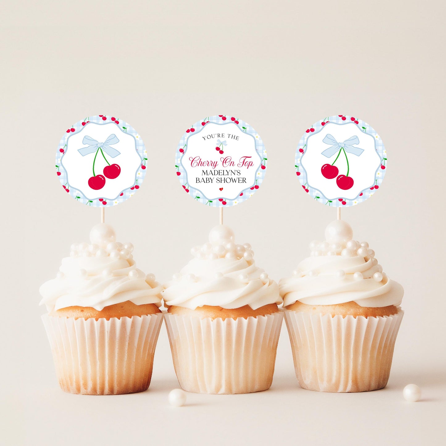 Blue Cherry Gingham Cupcake Toppers Printable, Cherry on Top Baby Shower, Pastel Pink Baby Shower Theme, Tying the Knot Bridal Shower WP1072