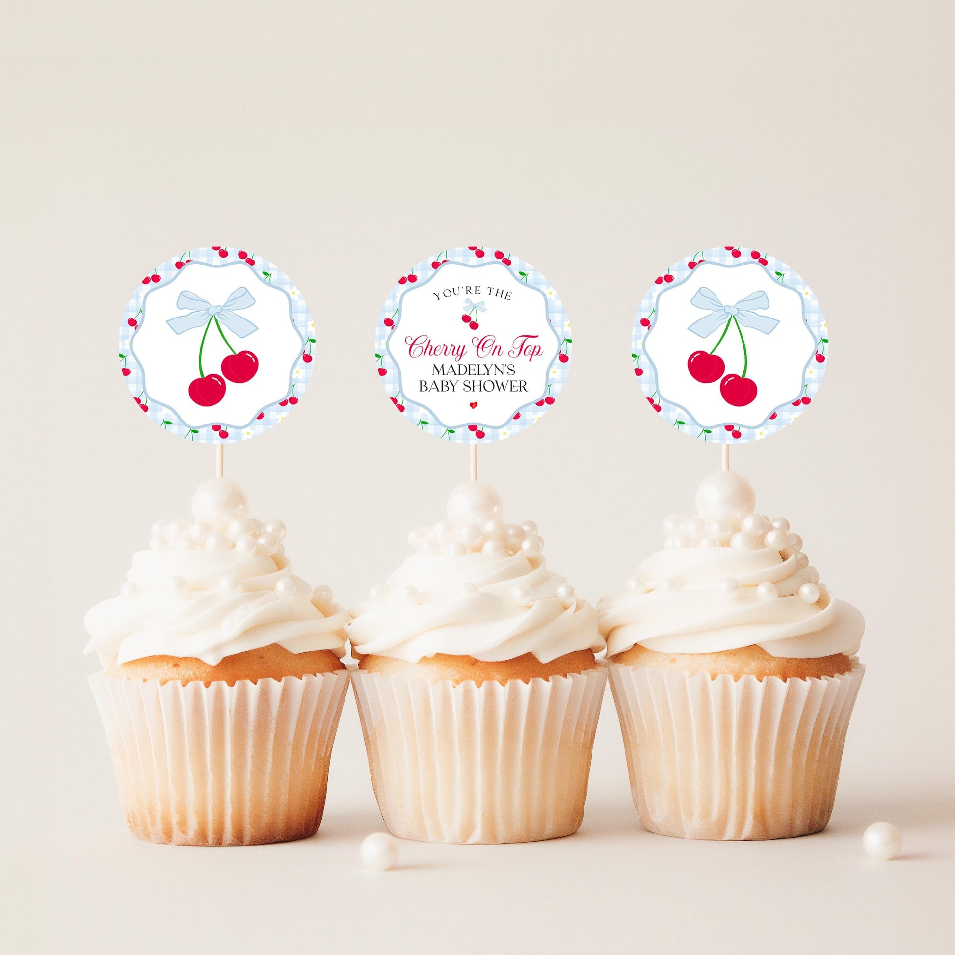 Blue Cherry Gingham Cupcake Toppers Printable, Cherry on Top Baby Shower, Pastel Pink Baby Shower Theme, Tying the Knot Bridal Shower WP1072