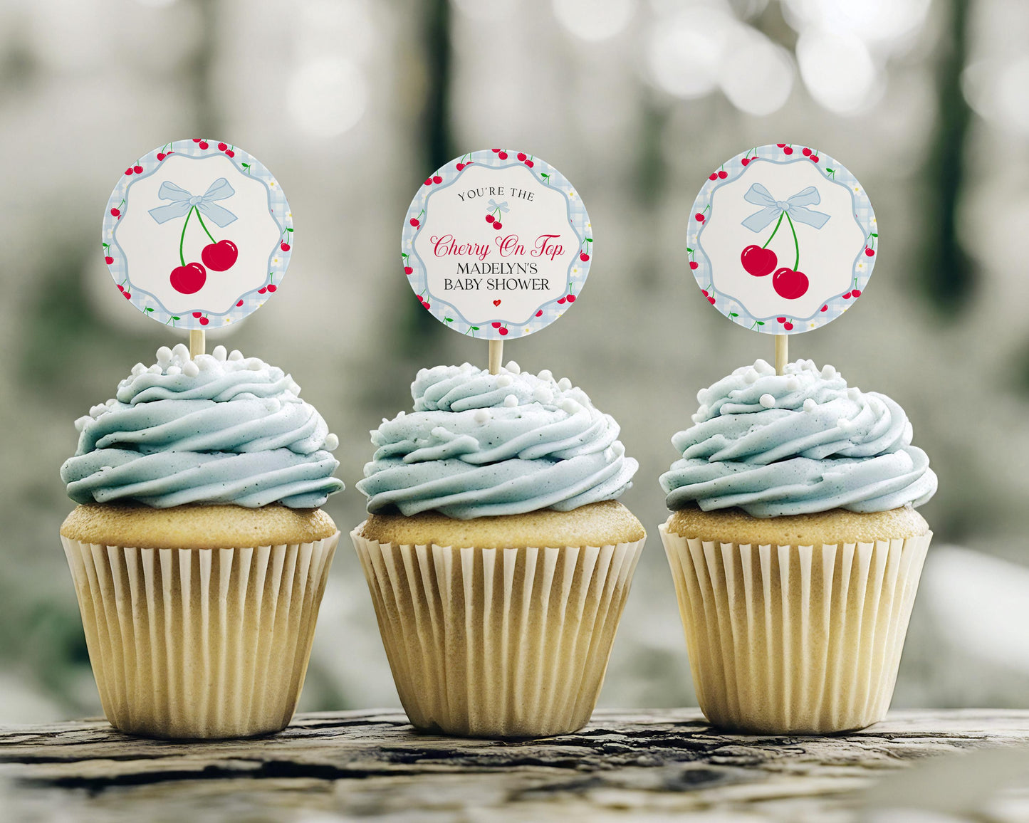 Blue Cherry Gingham Cupcake Toppers Printable, Cherry on Top Baby Shower, Pastel Pink Baby Shower Theme, Tying the Knot Bridal Shower WP1072