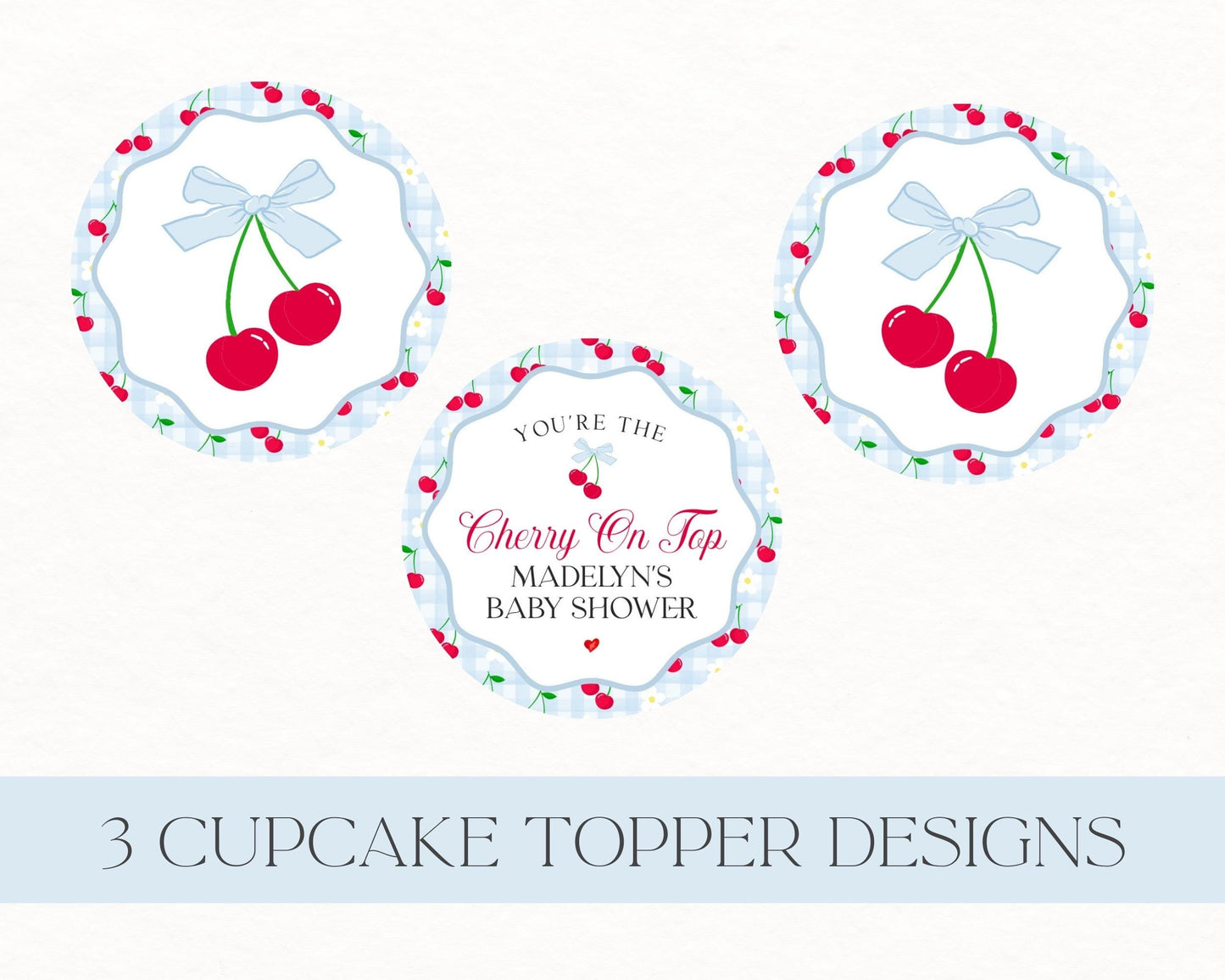 Blue Cherry Gingham Cupcake Toppers Printable, Cherry on Top Baby Shower, Pastel Pink Baby Shower Theme, Tying the Knot Bridal Shower WP1072