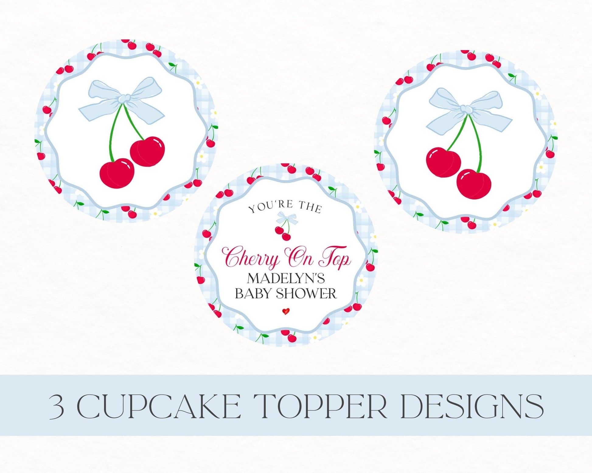 Blue Cherry Gingham Cupcake Toppers Printable, Cherry on Top Baby Shower, Pastel Pink Baby Shower Theme, Tying the Knot Bridal Shower WP1072