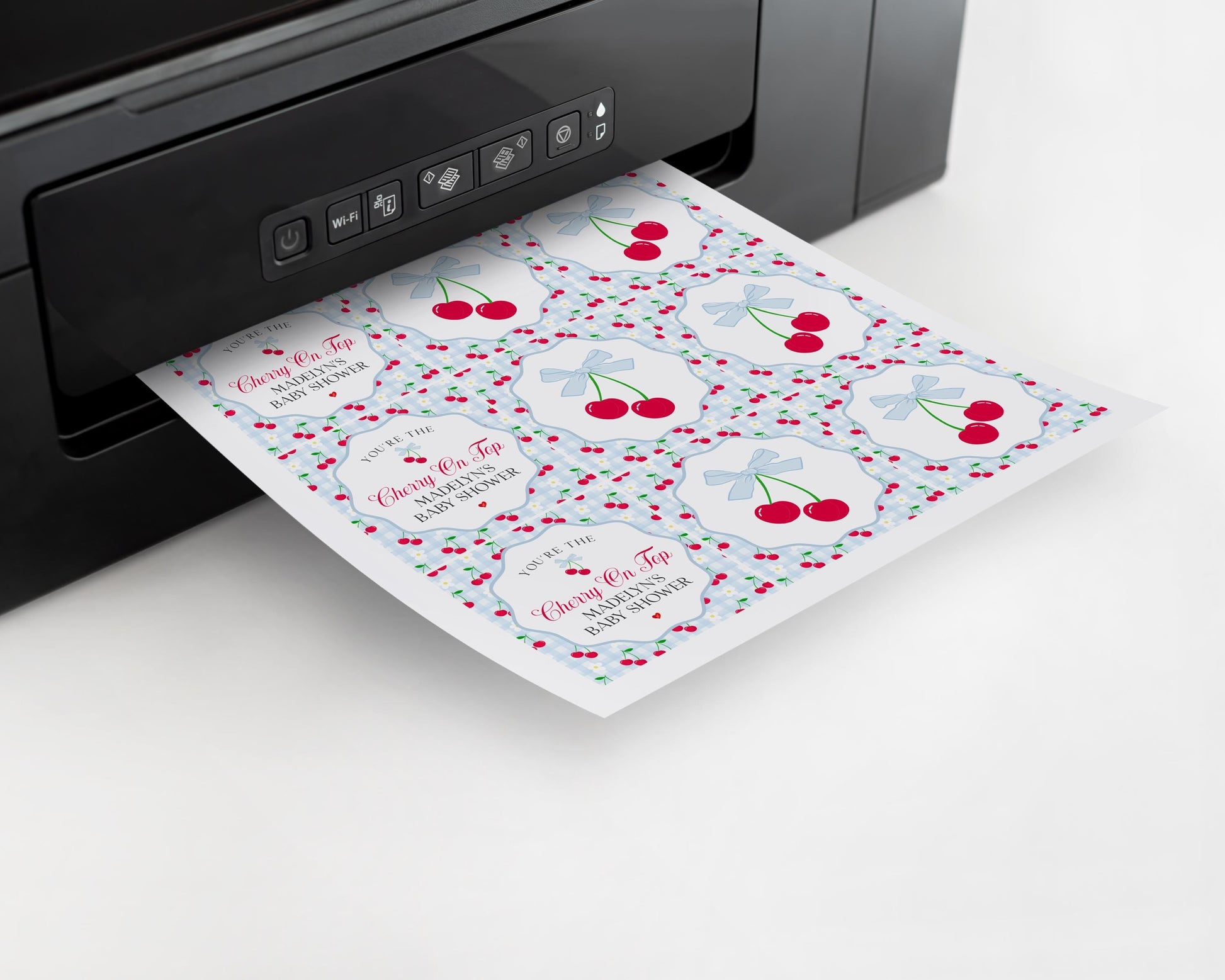 Blue Cherry Gingham Cupcake Toppers Printable, Cherry on Top Baby Shower, Pastel Pink Baby Shower Theme, Tying the Knot Bridal Shower WP1072