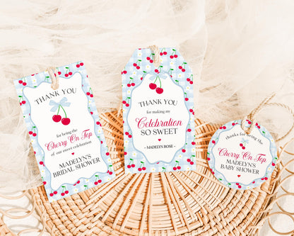 Blue Cherry Gingham Bridal Shower Favor Tags Template, Coquette Cherry Sweet Bridal Brunch, Pastel Gingham Engagement Party Favors WP1072