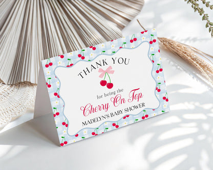 Blue Cherry Gingham Thank You Card Template, Coquette Sweet Cherry Baby Shower, Pastel Gingham Bridal Brunch, Girl Birthday Party WP1072
