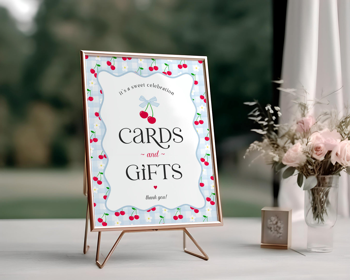 Blue Cherry Gingham Cards & Gifts and Favors Sign Template Set, Coquette Baby Shower, Pastel Bridal Brunch, Girl Birthday Party Decor WP1072