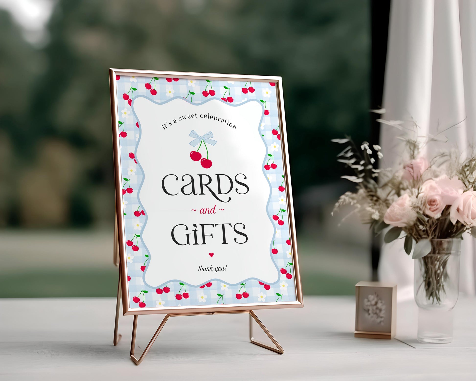Blue Cherry Gingham Cards & Gifts and Favors Sign Template Set, Coquette Baby Shower, Pastel Bridal Brunch, Girl Birthday Party Decor WP1072