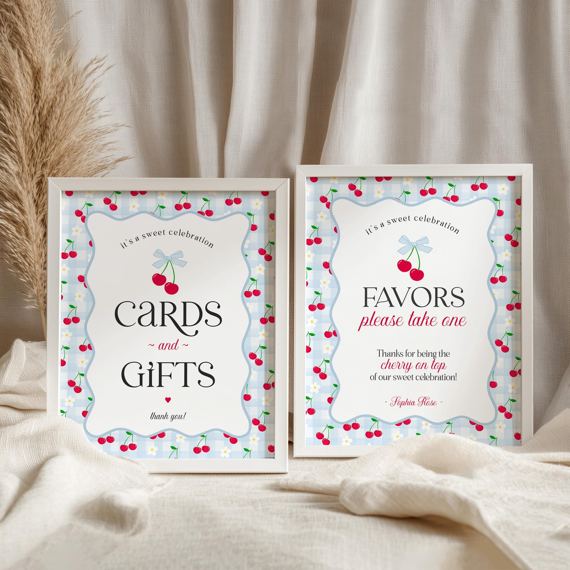 Blue Cherry Gingham Cards & Gifts and Favors Sign Template Set, Coquette Baby Shower, Pastel Bridal Brunch, Girl Birthday Party Decor WP1072