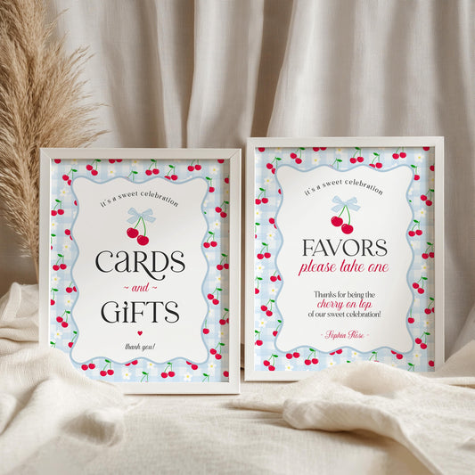 Blue Cherry Gingham Cards & Gifts and Favors Sign Template Set, Coquette Baby Shower, Pastel Bridal Brunch, Girl Birthday Party Decor WP1072