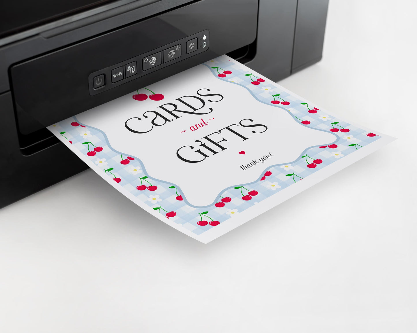 Blue Cherry Gingham Cards & Gifts and Favors Sign Template Set, Coquette Baby Shower, Pastel Bridal Brunch, Girl Birthday Party Decor WP1072