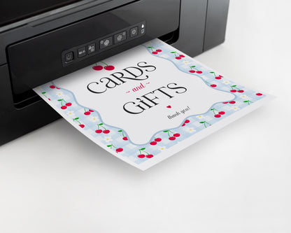 Blue Cherry Gingham Cards & Gifts and Favors Sign Template Set, Coquette Baby Shower, Pastel Bridal Brunch, Girl Birthday Party Decor WP1072