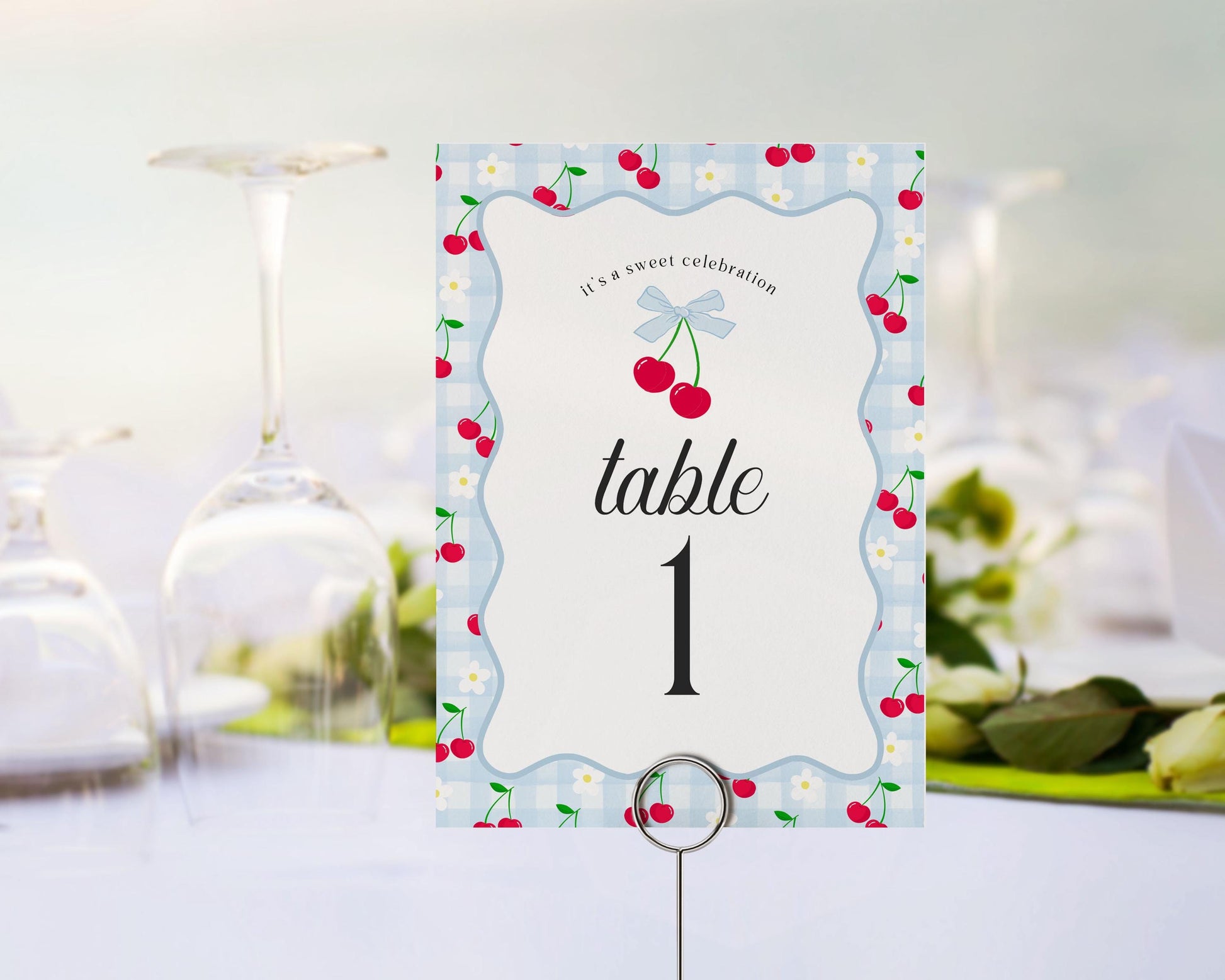 Blue Cherry Gingham Table Number Cards Template, Coquette Sweet Cherry Baby Shower, Pastel Bridal Brunch, Girl Birthday Table Decor WP1072