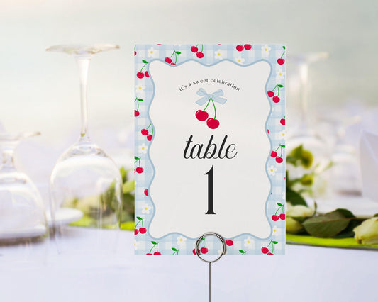 Blue Cherry Gingham Table Number Cards Template, Coquette Sweet Cherry Baby Shower, Pastel Bridal Brunch, Girl Birthday Table Decor WP1072