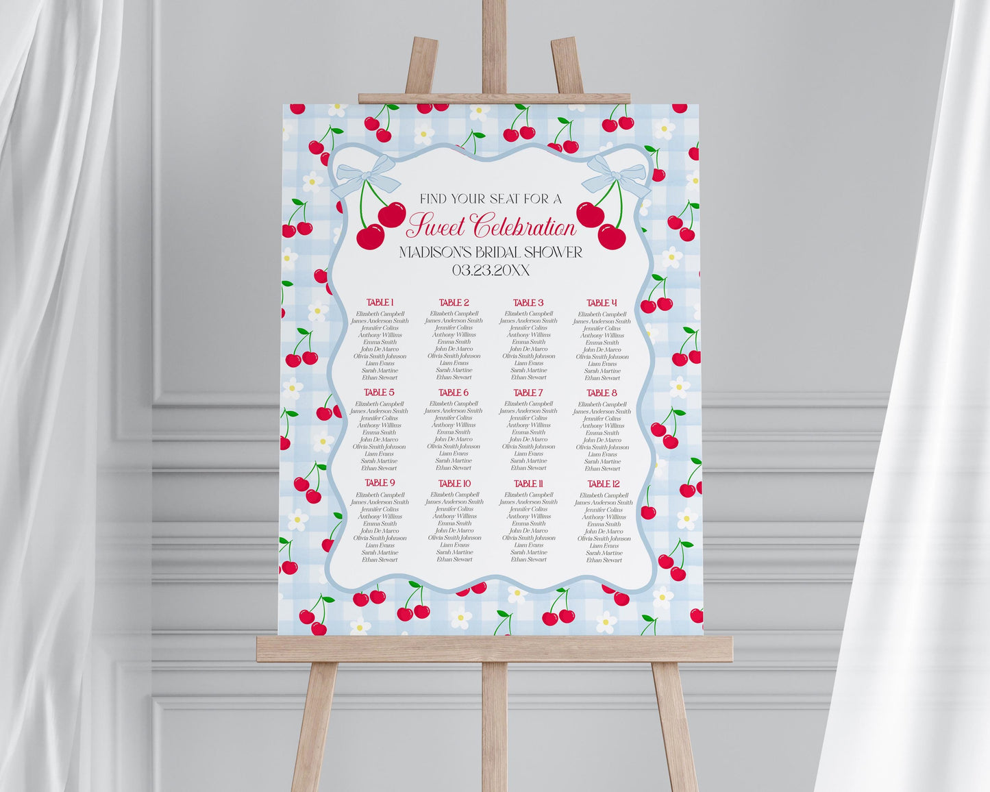 Blue Cherry Gingham Seating Chart Cards Template, Coquette Sweet Cherry Baby Sprinkle, Pastel Bridal Shower, Girl Birthday Party WP1072