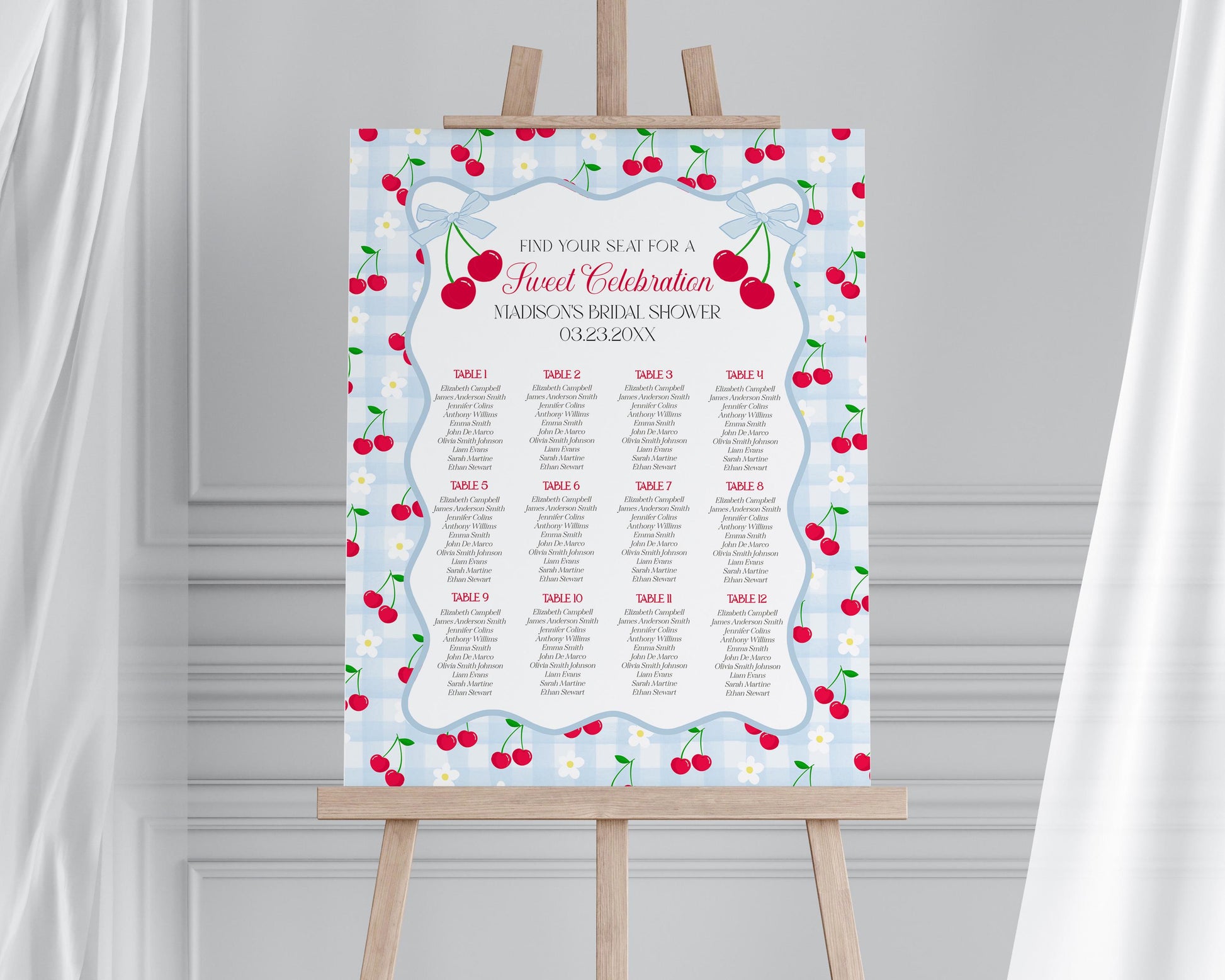 Blue Cherry Gingham Seating Chart Poster Template, Coquette Sweet Cherry Baby Sprinkle, Pastel Bridal Shower, Girl Birthday Party WP1072