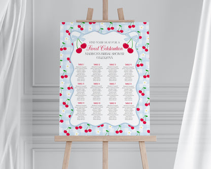 Blue Cherry Gingham Seating Chart Poster Template, Coquette Sweet Cherry Baby Sprinkle, Pastel Bridal Shower, Girl Birthday Party WP1072