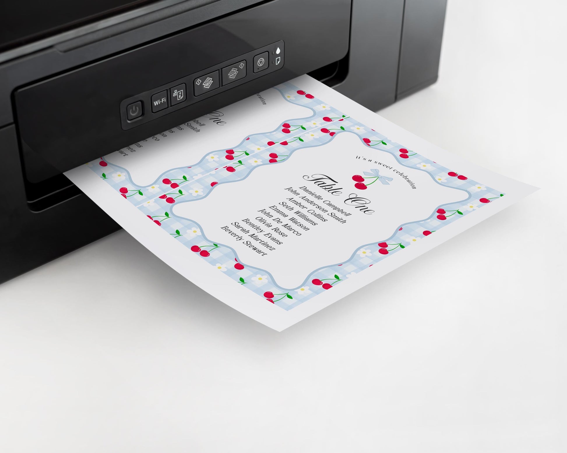 Blue Cherry Gingham Seating Chart Cards Template, Coquette Sweet Cherry Baby Sprinkle, Pastel Bridal Shower, Girl Birthday Party WP1072