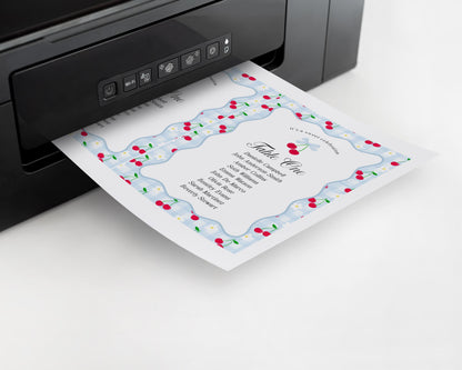 Blue Cherry Gingham Seating Chart Poster Template, Coquette Sweet Cherry Baby Sprinkle, Pastel Bridal Shower, Girl Birthday Party WP1072