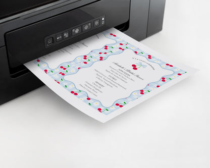 Blue Cherry Gingham Menu Template, Coquette Sweet Cherry Baby Shower, Pastel Gingham Bridal Brunch, Girl Birthday Table Decor WP1072