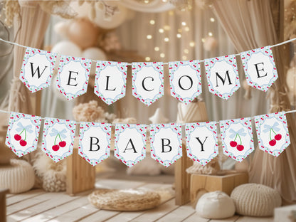 Blue Cherry Gingham Baby Shower Banner Template, Coquette Sweet Cherry on Top Baby Sprinkle, Pastel Gingham Nesting Party Decor WP1072