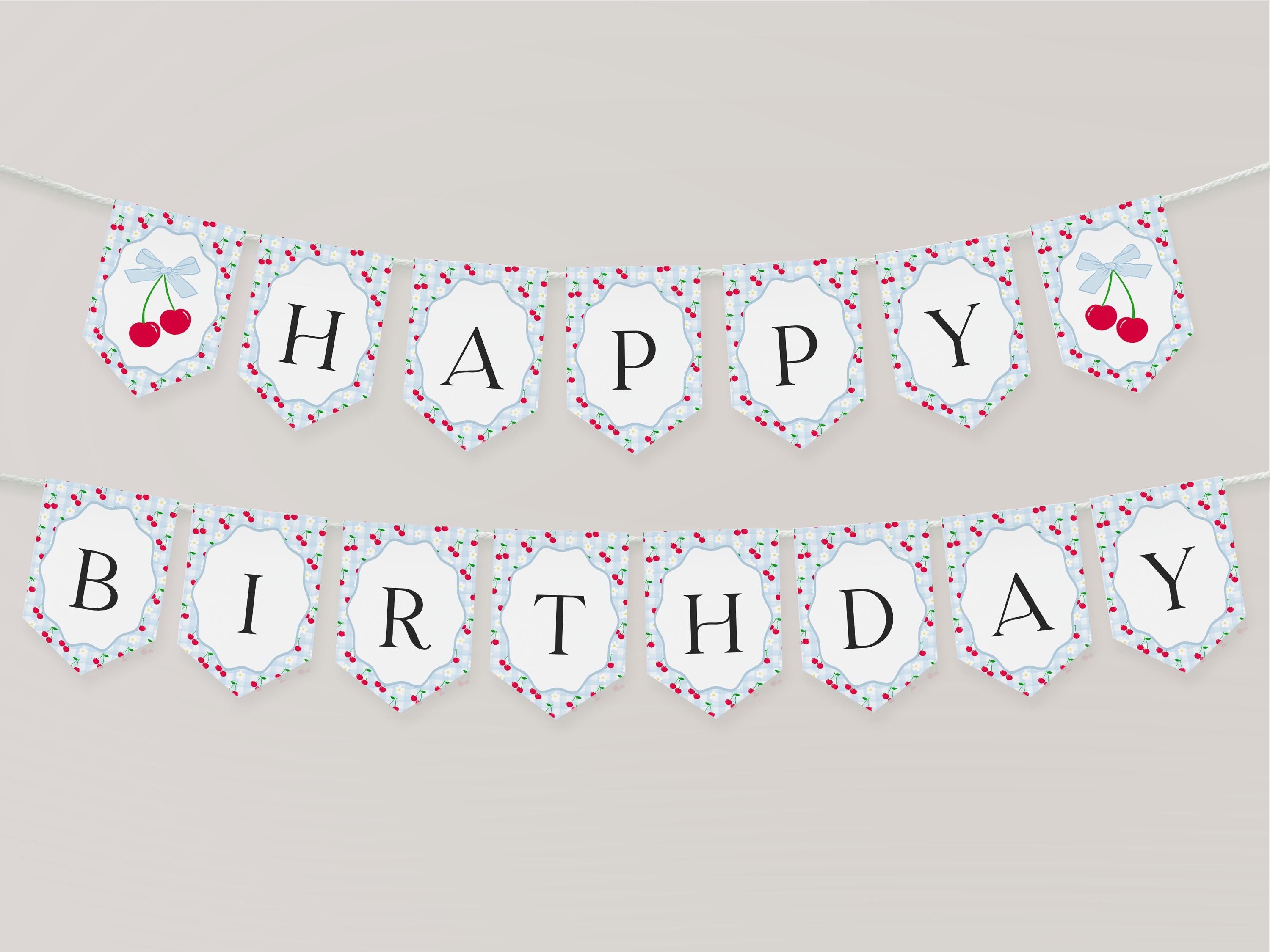 Blue Cherry Gingham Birthday Banner Template, Sweet Coquette Bow Cherry First Celebration, Pastel Gingham Party Decor WP1072