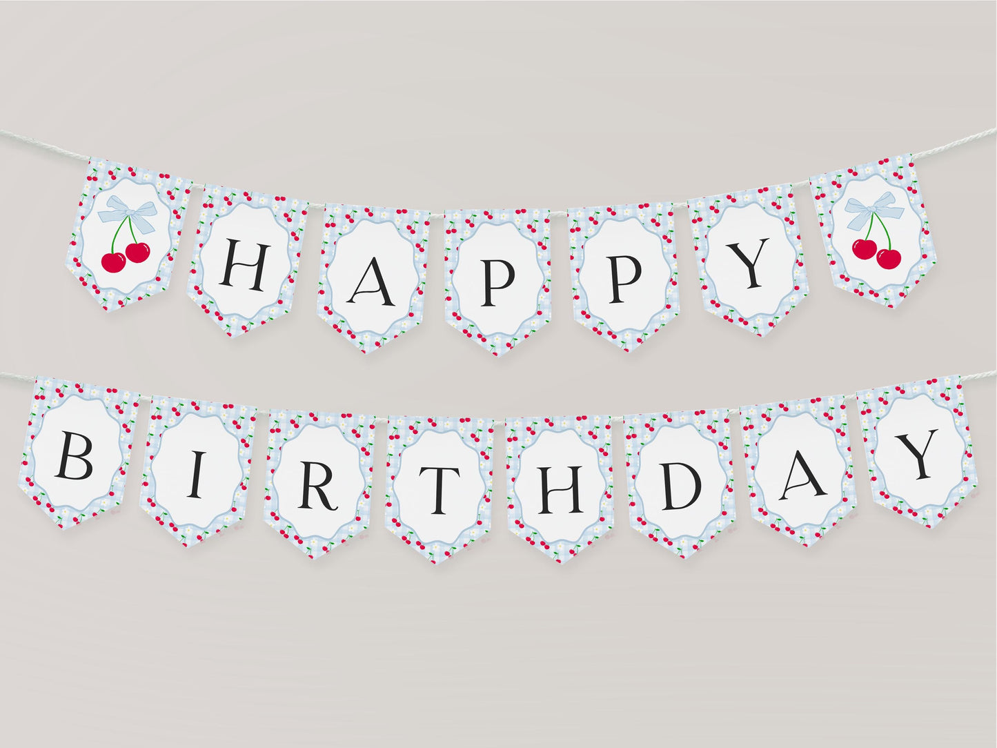 Blue Cherry Gingham Birthday Banner Template, Sweet Coquette Bow Cherry First Celebration, Pastel Gingham Party Decor WP1072