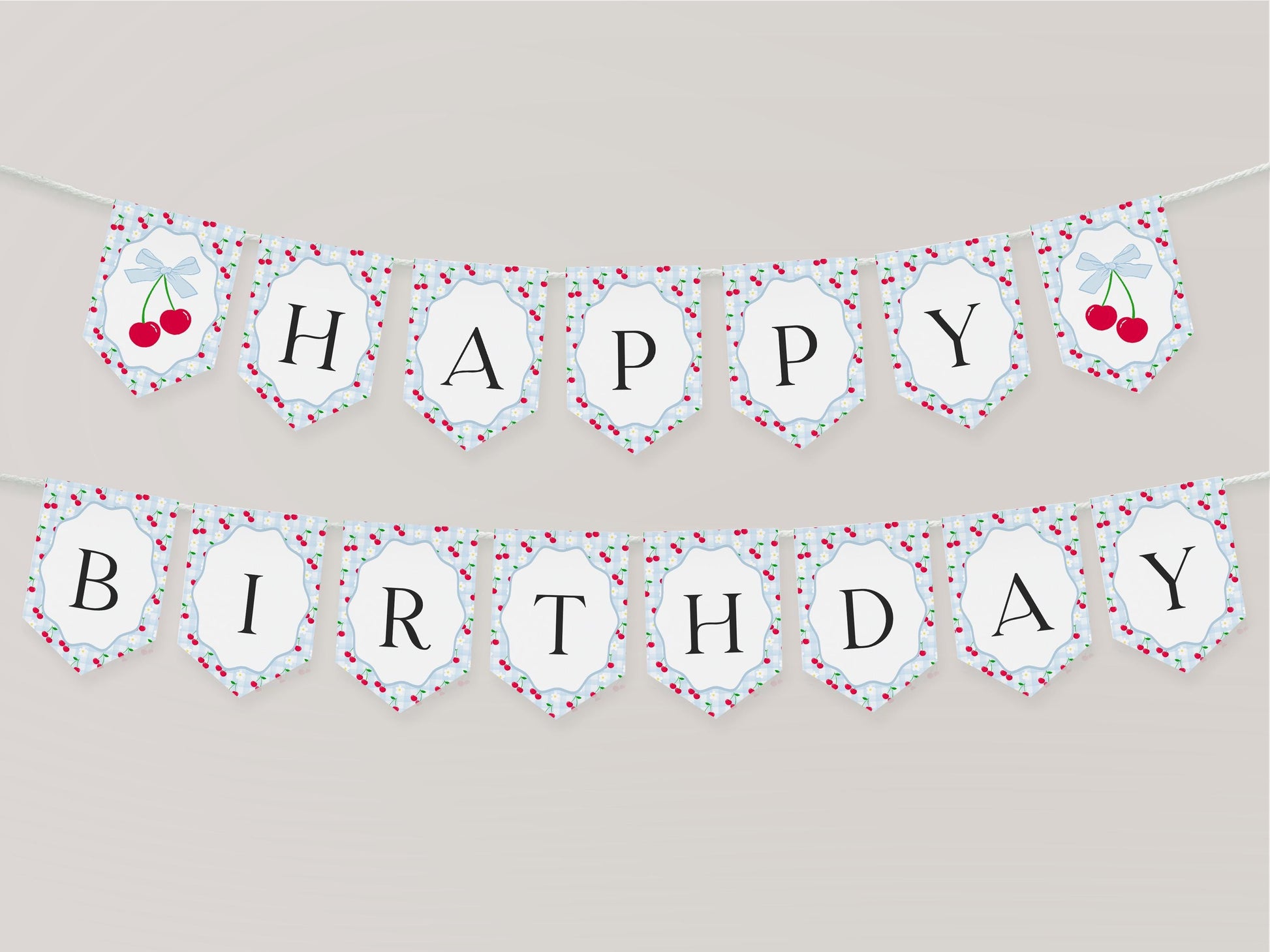 Blue Cherry Gingham Birthday Banner Template, Sweet Coquette Bow Cherry First Celebration, Pastel Gingham Party Decor WP1072