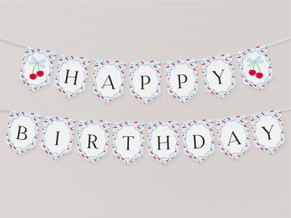 Blue Cherry Gingham Birthday Banner Template, Sweet Coquette Bow Cherry First Celebration, Pastel Gingham Party Decor WP1072
