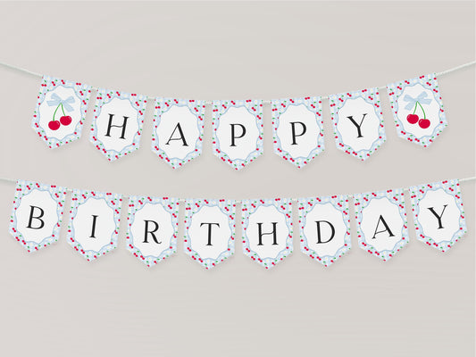Blue Cherry Gingham Birthday Banner Template, Sweet Coquette Bow Cherry First Celebration, Pastel Gingham Party Decor WP1072