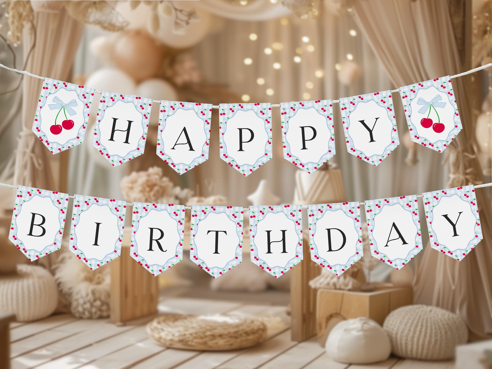 Blue Cherry Gingham Birthday Banner Template, Sweet Coquette Bow Cherry First Celebration, Pastel Gingham Party Decor WP1072