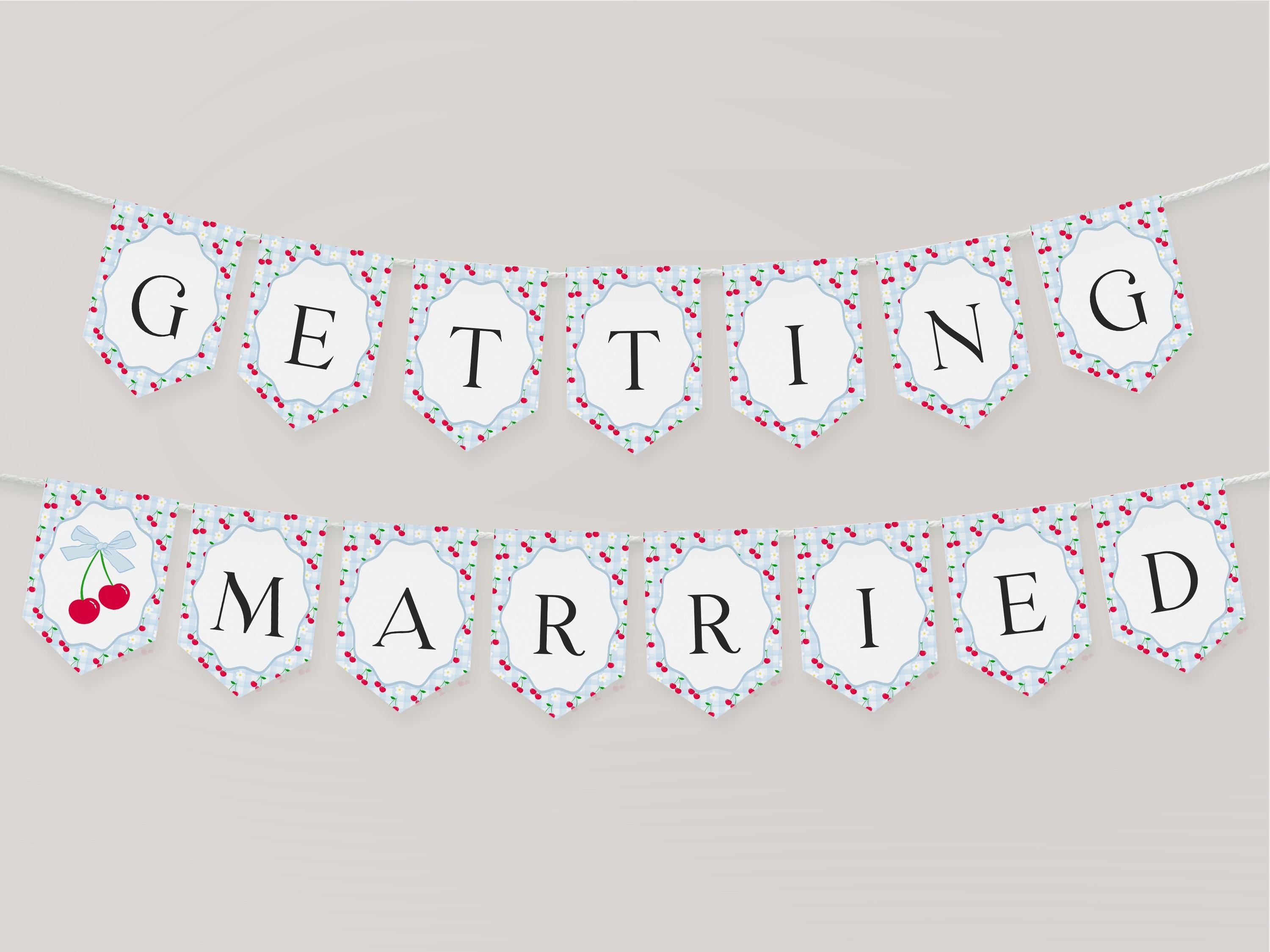Blue Cherry Gingham Bridal Shower Banner Template, Coquette Cherry Sweet Bridal Brunch, Pastel Gingham Engagement Party Decor WP1072