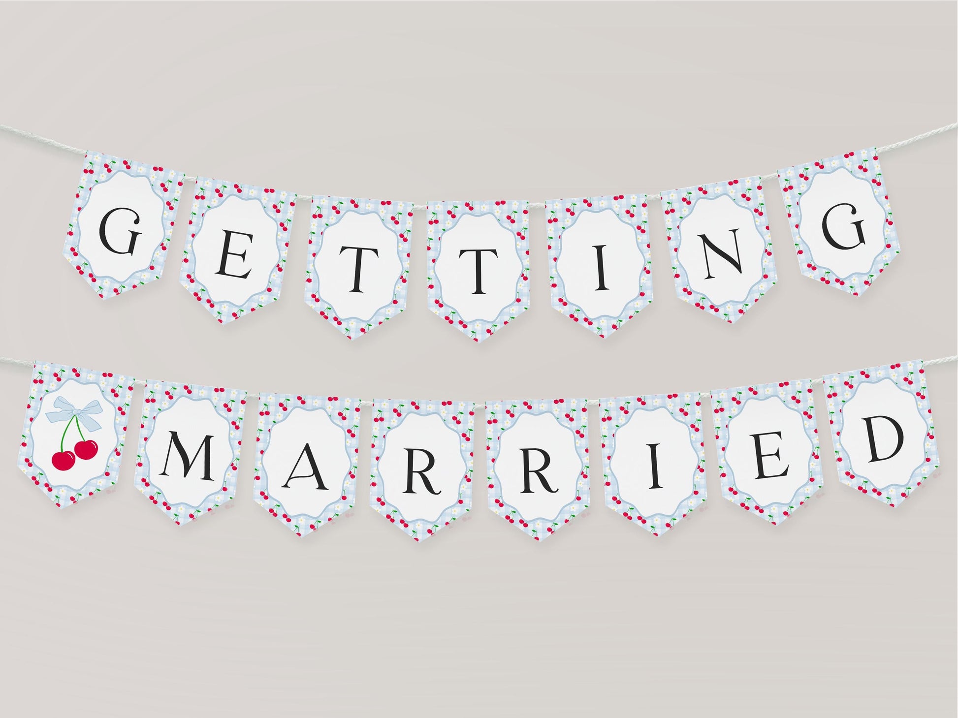 Blue Cherry Gingham Bridal Shower Banner Template, Coquette Cherry Sweet Bridal Brunch, Pastel Gingham Engagement Party Decor WP1072