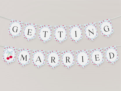 Blue Cherry Gingham Bridal Shower Banner Template, Coquette Cherry Sweet Bridal Brunch, Pastel Gingham Engagement Party Decor WP1072